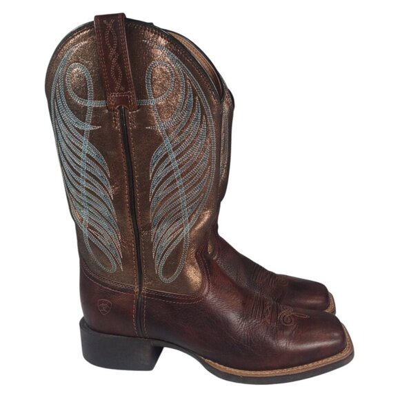 Ariat Women's Round Up Wide Square Toe Western Boot Sz 7.5 B Brown Leather Blue - Picture 1 of 8
